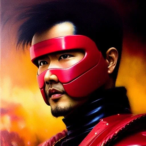 portrait of 'kaneda motorcycle-akira(1988)',ancient japanese armor, painting by gaston bussiere, greg rutkowski, yoji shinkawa, yoshitaka amano, tsutomu nihei, donato giancola, tim hildebrandt, oil on canvas, cinematic composition, extreme detail,fit full head inside picture,16k