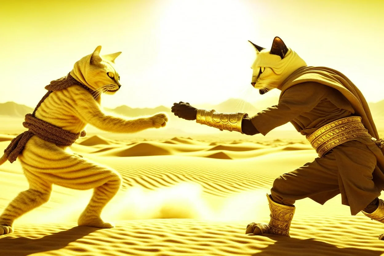 antropomorphic ninja cat fighting with a sheik in the desert in sunshine