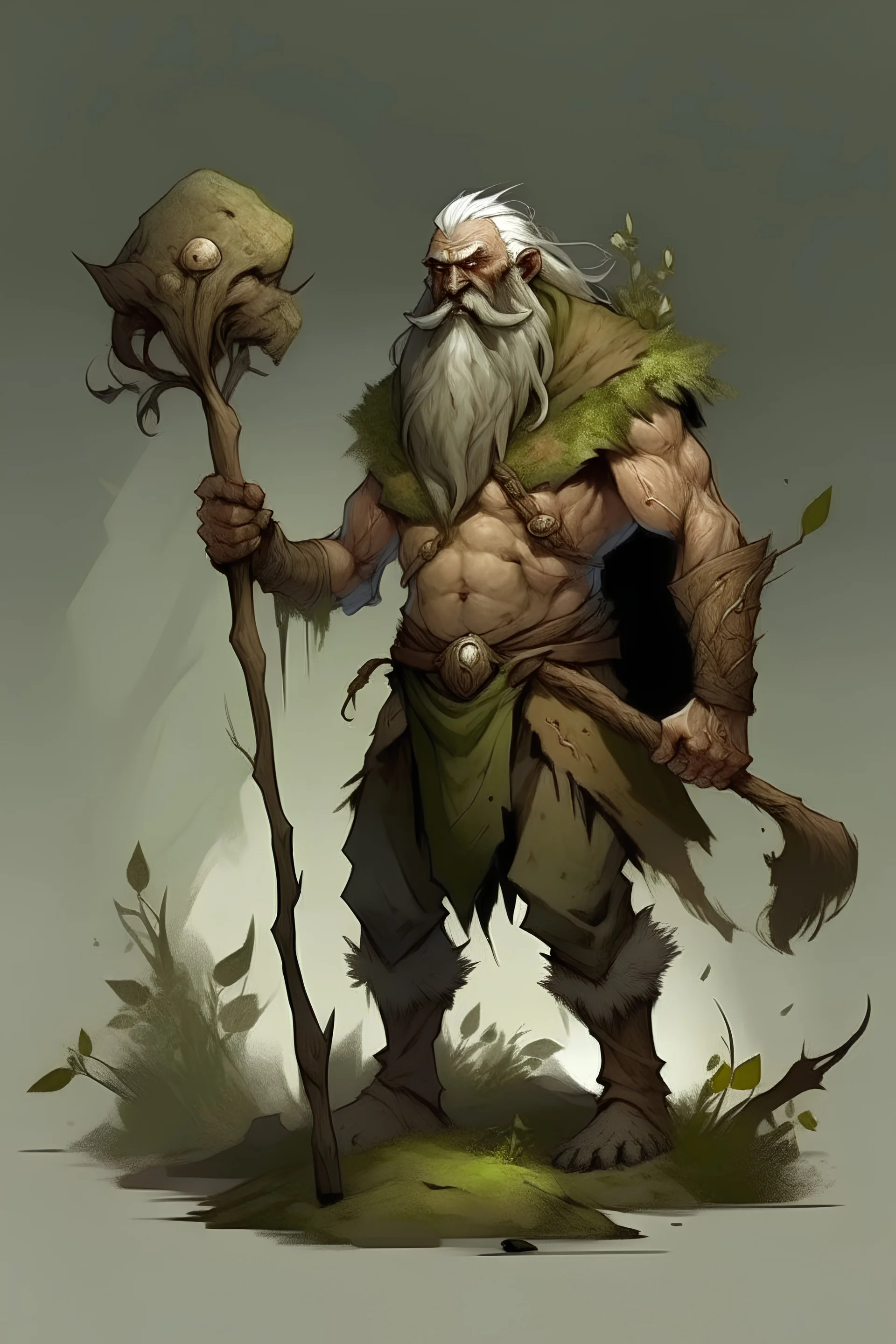 Goliath, Druid, well built, Smiting Staff, Hermit, Arcane Student, dressed in poor clothes and hides, cooks mountain giant, Herbalist, nature attuned