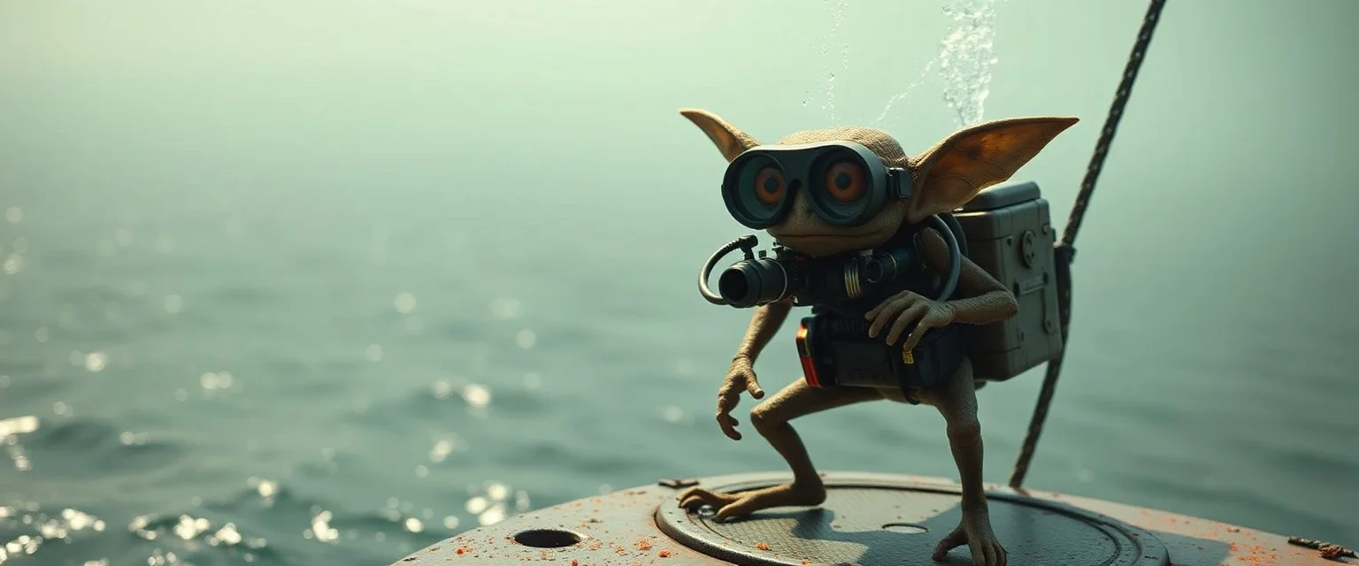 crazy gremlin scientist on diving platform