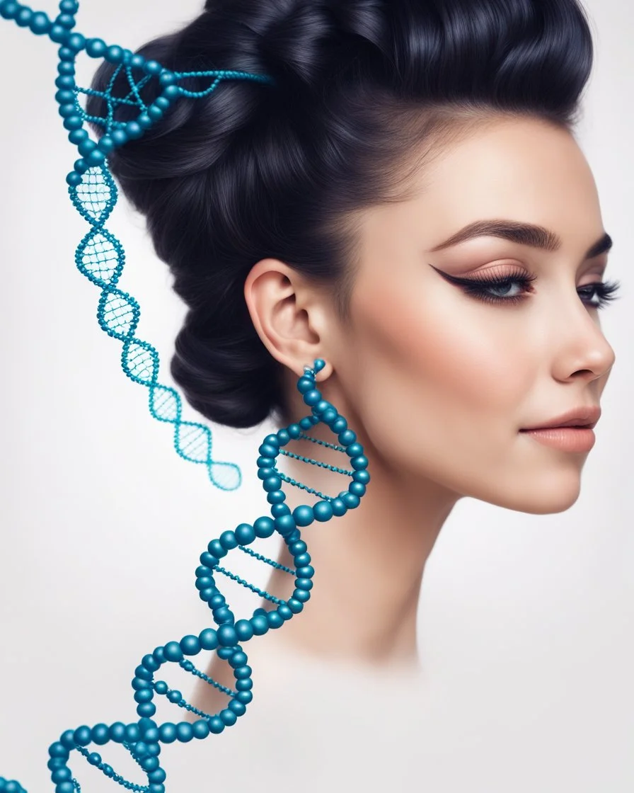 a woman smiling face, close eyes, pastel peach colors, DNA molecule hair thread imitation