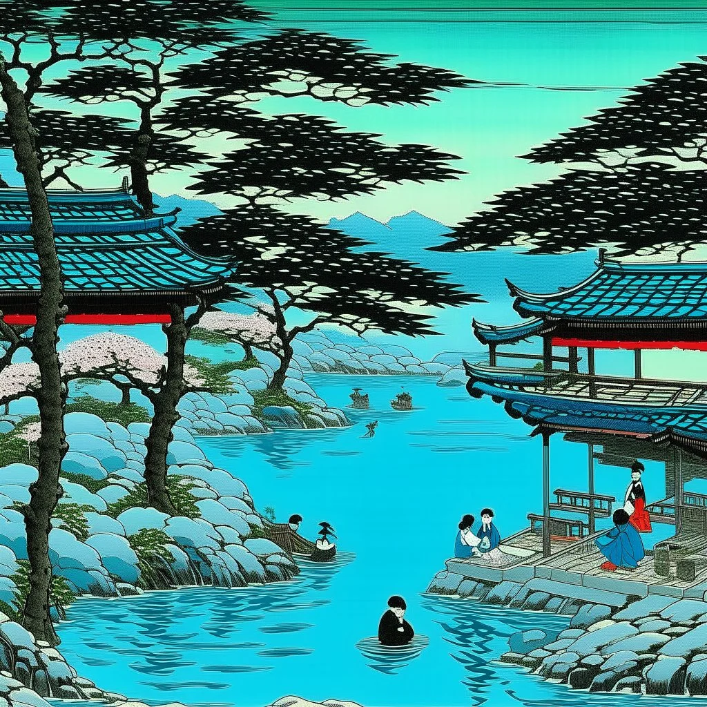 A blue springs with a soda pond painted by Utagawa Hiroshige