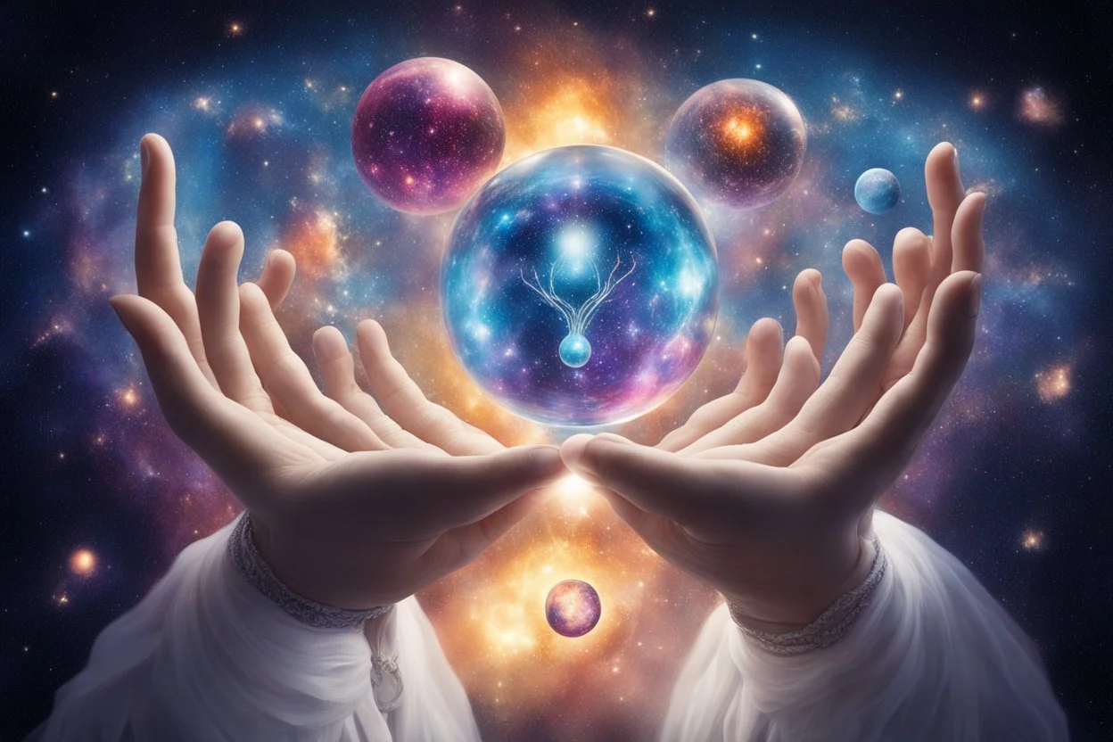 kundalini, connected to the universe, few colours of galaxy, holding galaxies in few hands in glass balls