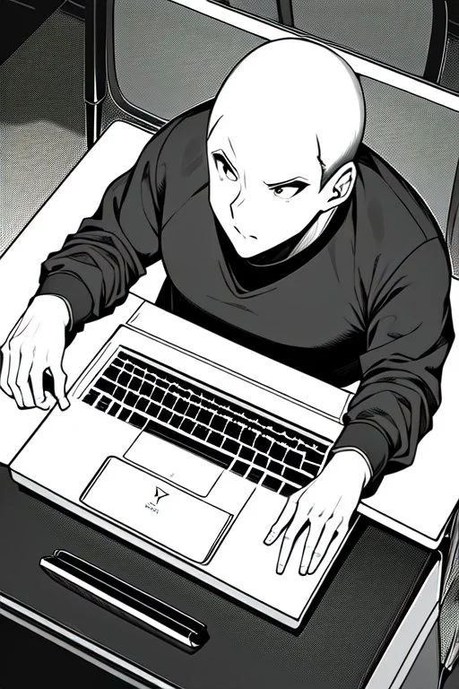 hacker girl use a laptop above a table in a cafe, line arts, greyscale