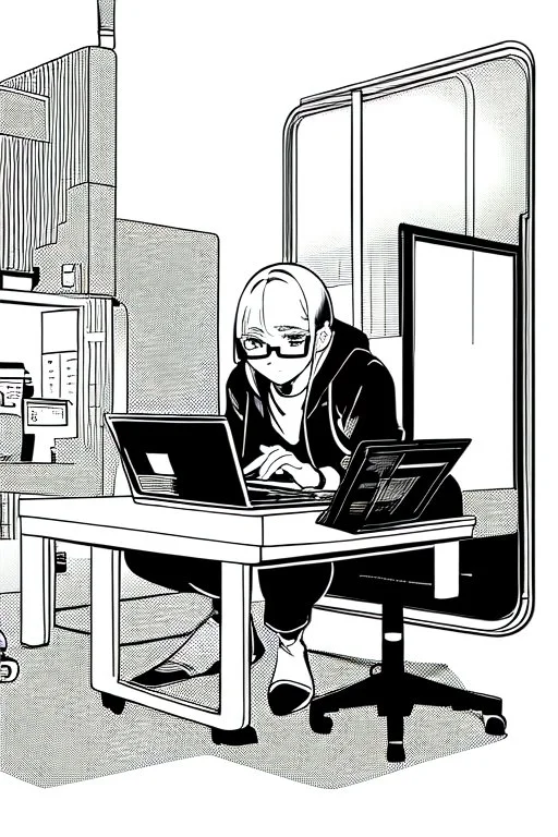 hacker girl with glasses use a laptop sitting in a cafe, line arts, greyscale