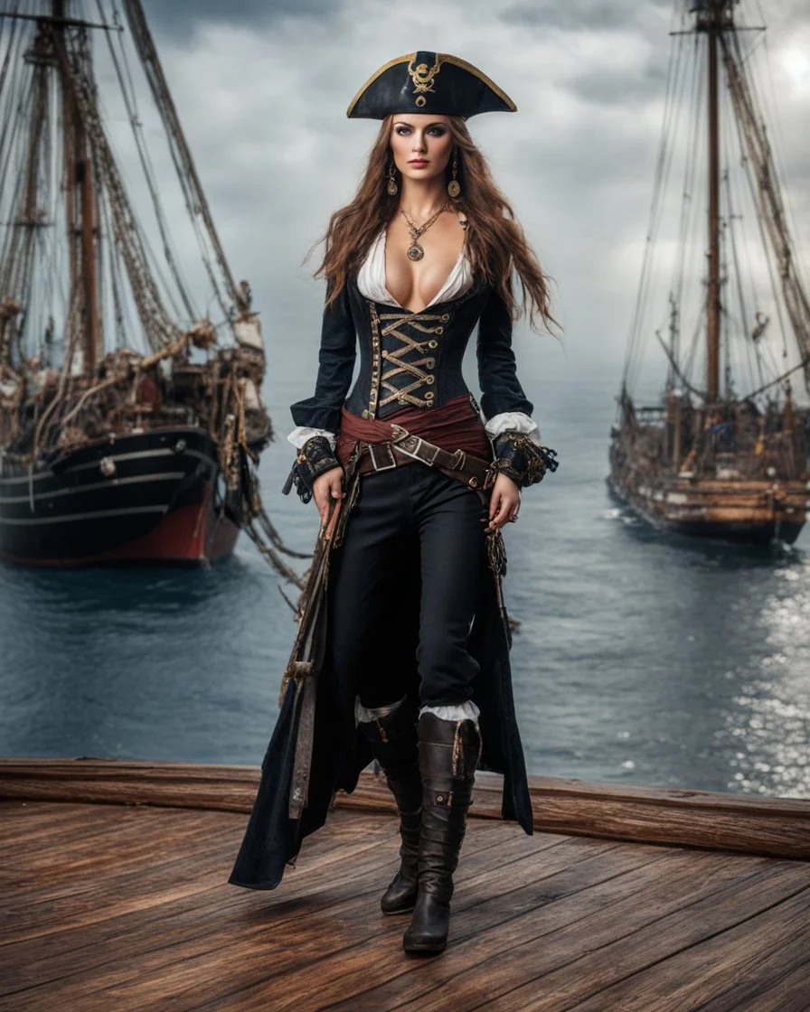 A length image fullbody photography realistic natural beauty color beautiful russia super model woman in a luxury black jack Sparrow pirates uniform,sweet pose,sail ship pirate background