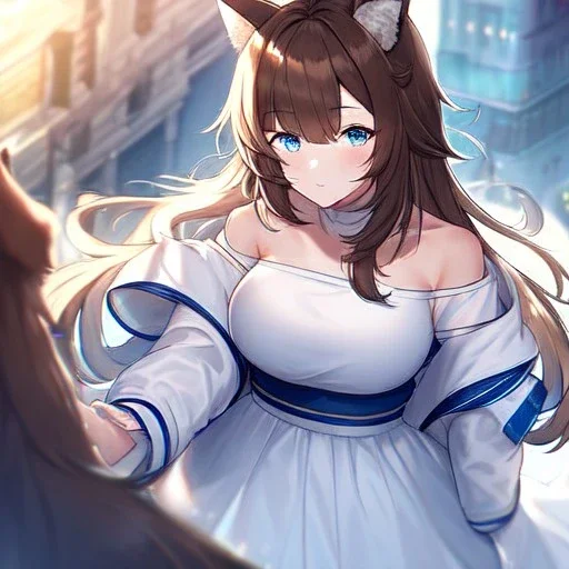 Clear focus, High resolution, Long fluffy brown hair, blue eyes, wearing a white skirt, detailed outfit, wearing a jacket oversized off shoulder, rough line, hair above ears, dog ears, off shoulder white shirt, chopped bangs