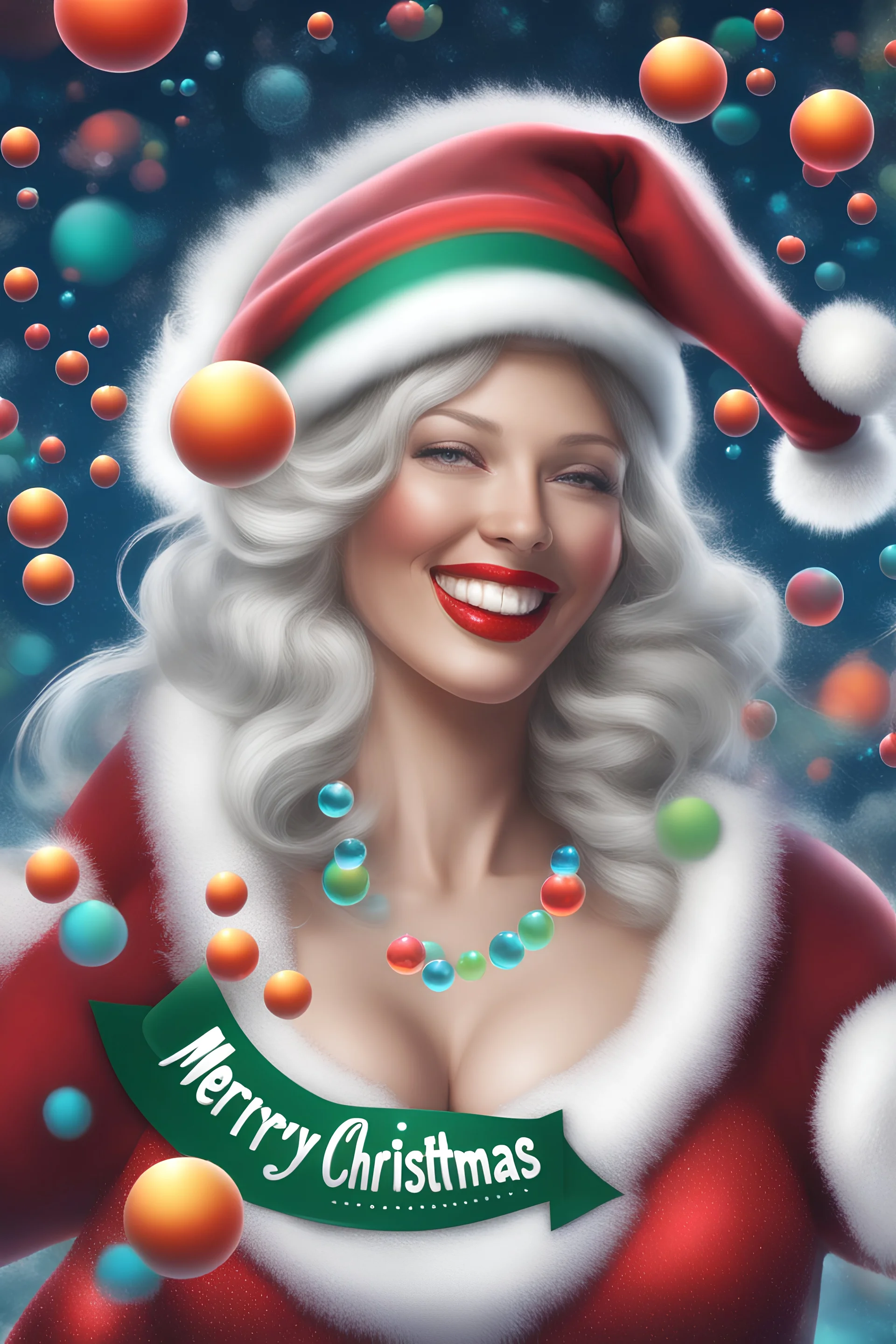 Christmas Themed -- text "Merry Christmas," Multicolored 3D Bubbles, multicolored, Floating 3D hearts with an electrical current, fog, clouds, somber, ghostly mountain peaks, a flowing river of volcanic Lava, fireflies, a close-up, portrait of an Mrs. Santa Claus, smiling a big bright happy smile, wearing a red bikini with white ruffles, black fishnet stockings, black, knee-high platform boots, in the art style of Boris Vallejo