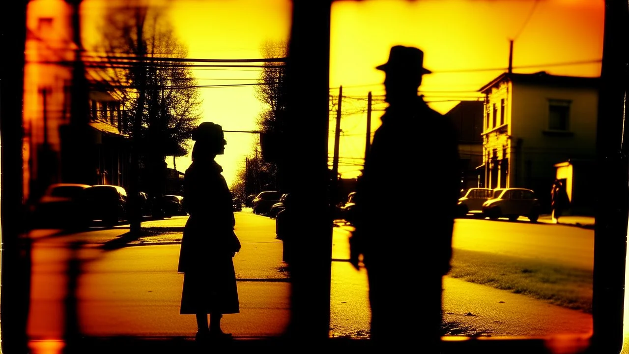 Street silhouettes during holidays, 35mm film, grain, VHS, Dark, tintype print combinated watercolor and rust art