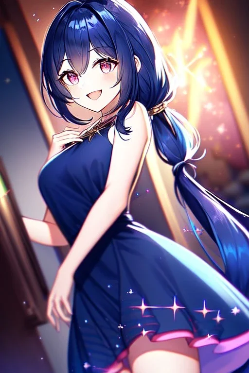 girl, masterpiece, best quality, cinematic lighting, detailed outfit, vibrant colors, perfect eyes, dark blue hair, pink eyes, long hair, low ponytail, dark blue dress, sparkle, depth of field, indoors, god rays, glowing light, ray tracing, laughing,