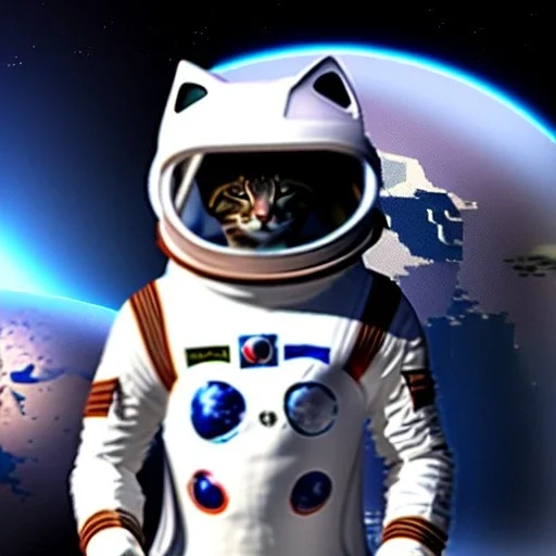 Cat wearing space suit, no helmet, standing in spaceship, earth in background, 8k, unreal engine 5,high res.