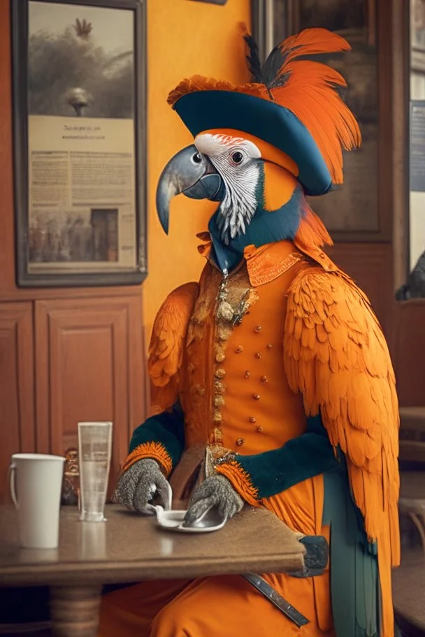 Half parrot half human in a 1700s Orange Dutch uniform in a Dutch cafe