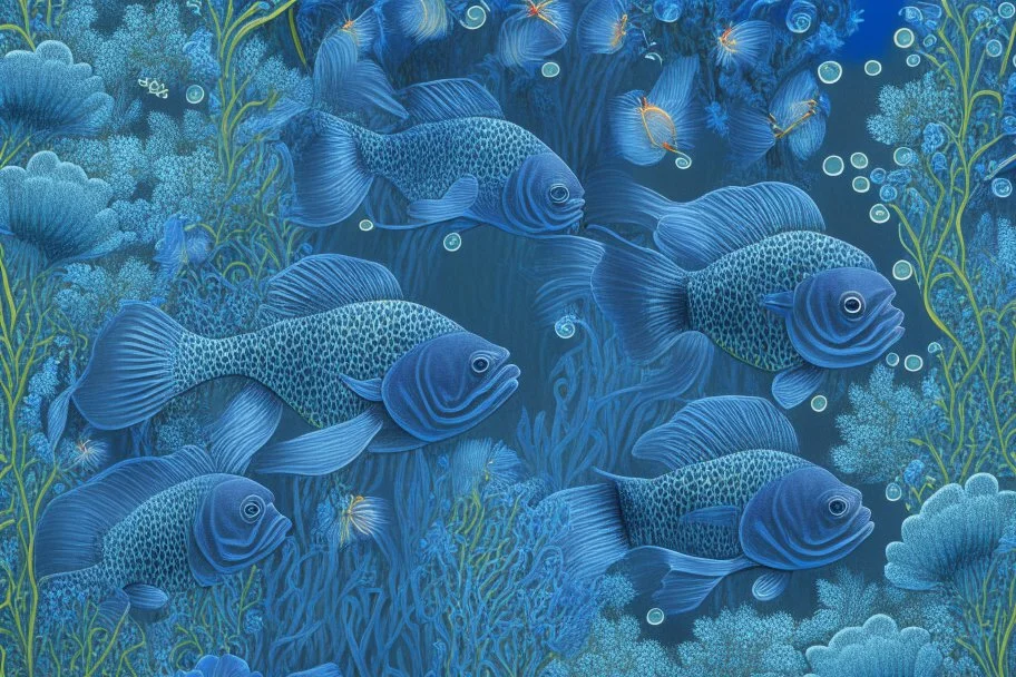 fish swimming in a garden of blue flowers, dark blue, detailed photo