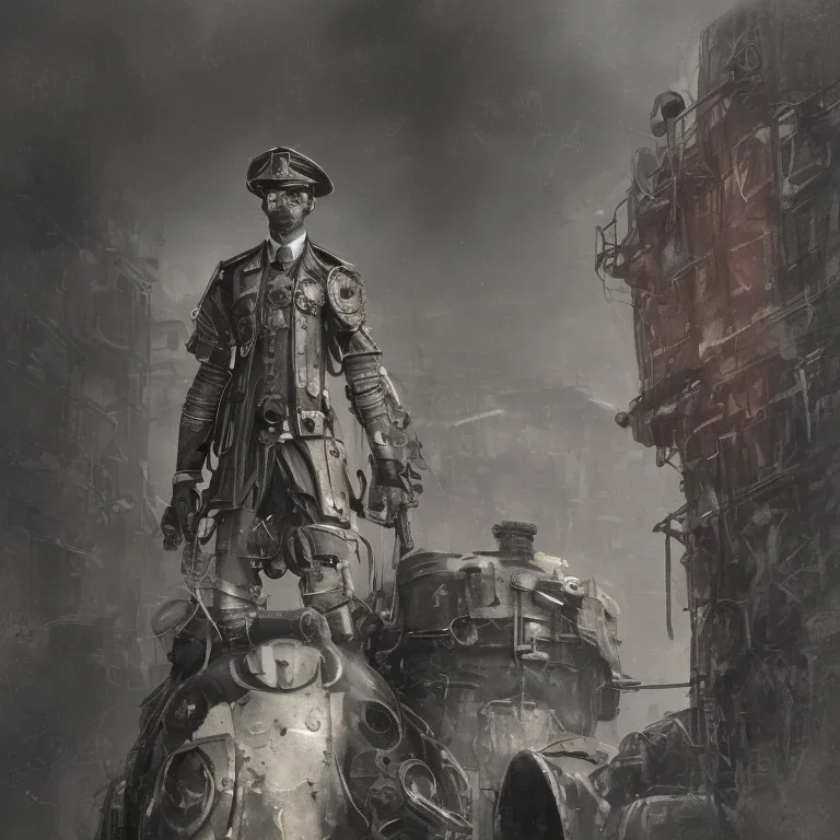 steam punk officer with human face, powerful, dramatic, creepy, matter, majestic, flow, illustration, concept art, by Greg Rutkowski, Sung Choi, Mitchell Mohrhauser, Maciej Kuciara, Johnson Ting