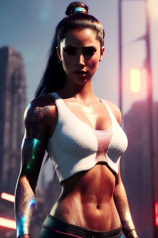Athlethic Young woman, futuristic fantasy assassin character, portrait from waist up, intricate eyeliner, vibrant eyeshadow, clear completion, soft lighting, 4k resolution, intricate details, insanely detailed, white tank top, vibrant Japanese style tattoo sleeve, colorful cityscape background, masterpiece, expert, cinematic smooth, retroanime style, realistic details