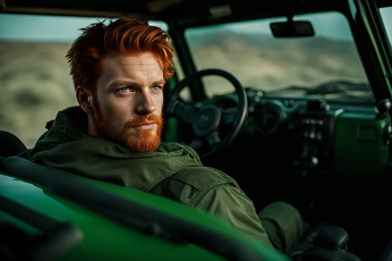 Photograph of a young rugged looking male with red hair and green eyes sitting in the drivers seat of a jeep close up photo realistic