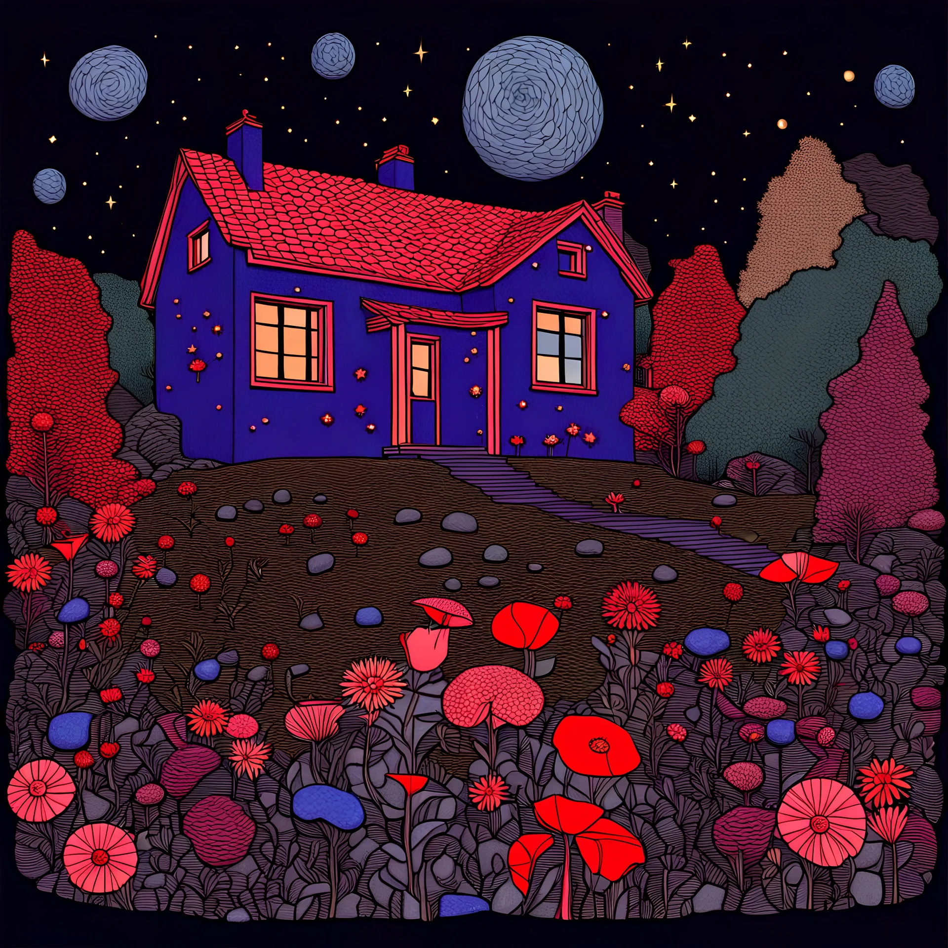 Colourful, peaceful, Egon Schiele, Max Ernst, René Magritte, house, night sky filled with galaxies and stars, rocks, trees, flowers, one-line drawing, sharp focus, 8k, deep 3d field, intricate, ornate