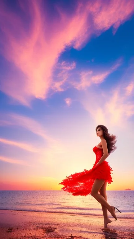 very nice real face beautiful sexy roman with make up at the beach standing pose in a short lace red and silver dress, full body, 3D cloudy sky volumetric nice clouds 8k sharp focus,sunset,golden hour,medium shot