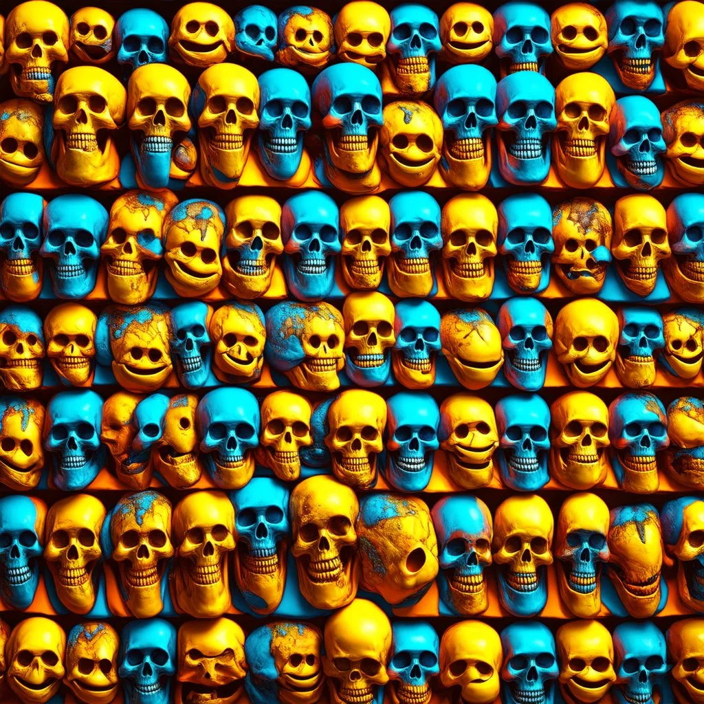 ANATOMICALLY CORRECT digital photograph of wall of multicolored SKULLs OF freshly skinned SMILEY FACEs with fine line, highly detailed, high resolution, 8k 3d, vray, horrorcore, vivid, btight