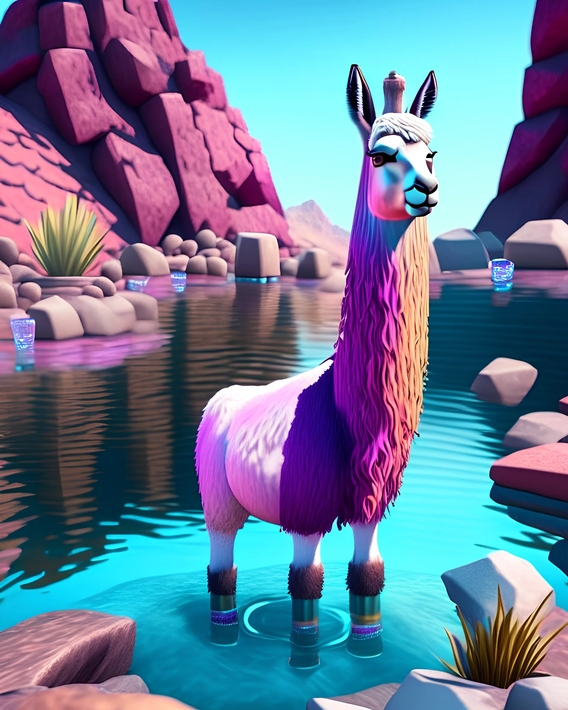 Generate an full body image of a llama has a water objects in the background and rock objects in the background objects with an anime animal style