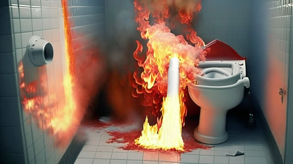 using fire extinguisher to spray at the overflowing toilet