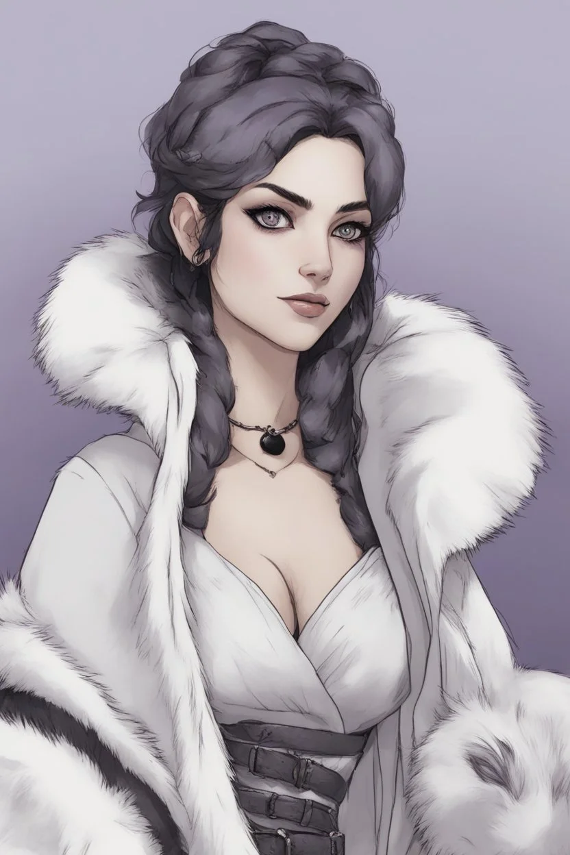 A dnd character sheet. A woman dressed for the cold north in black and white furs, with black hair and lilac eyes. Wolf pelt