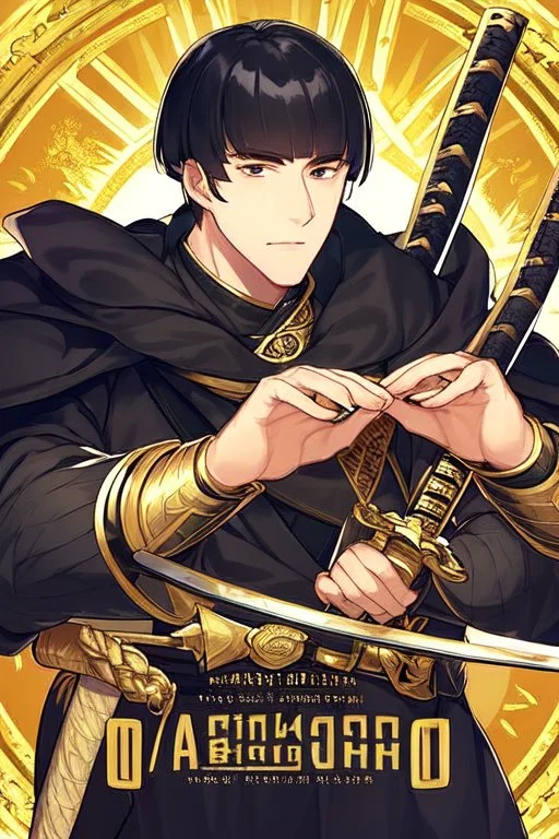 A handsome 30 year old knight, black hair, male bob haircut, in black-and-gold plate armor, golden katana in both hands, no beard, european, proper arms