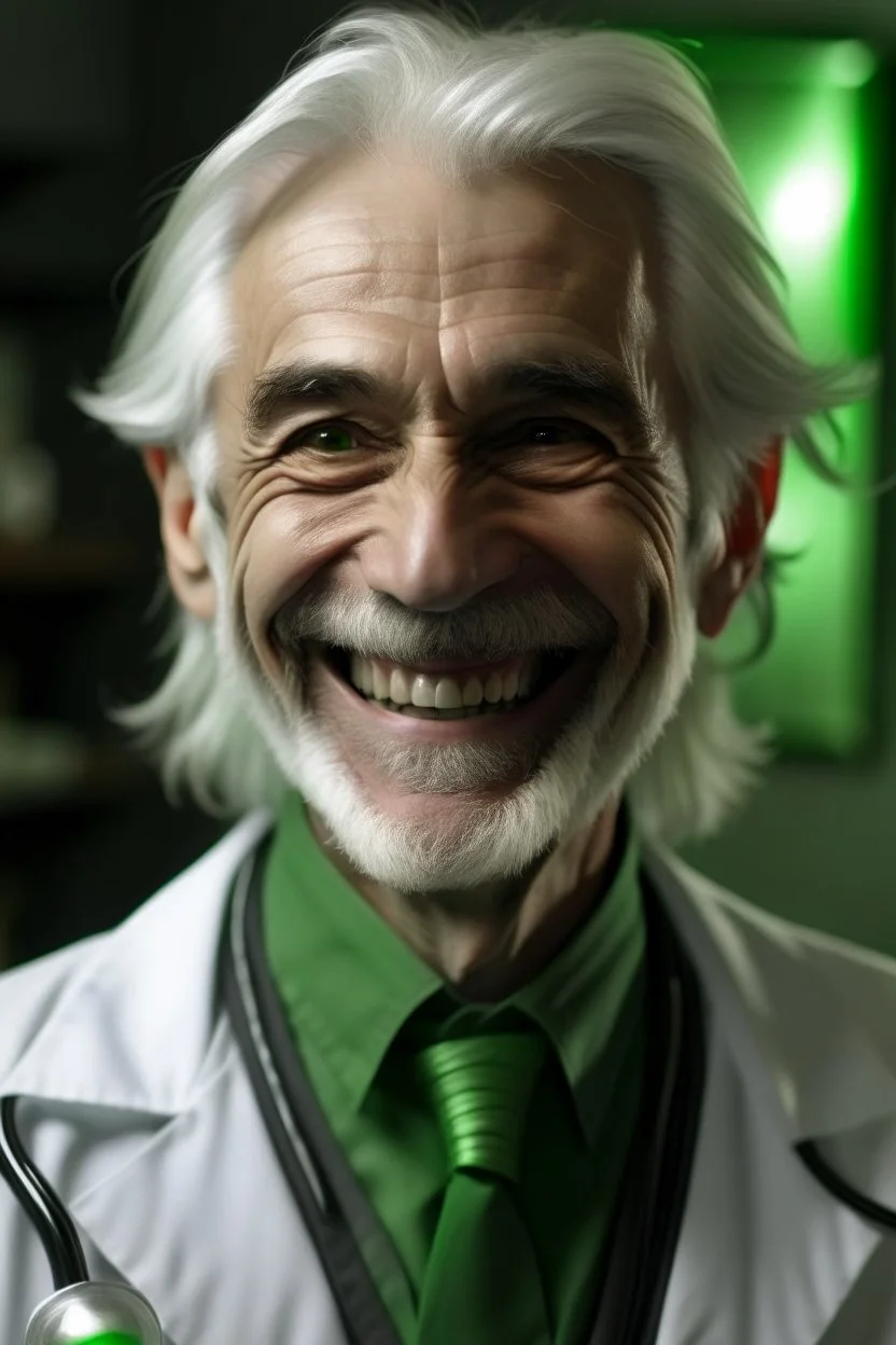 plauge doctor with silver hair and bright green eyes smiling with sharp teeth