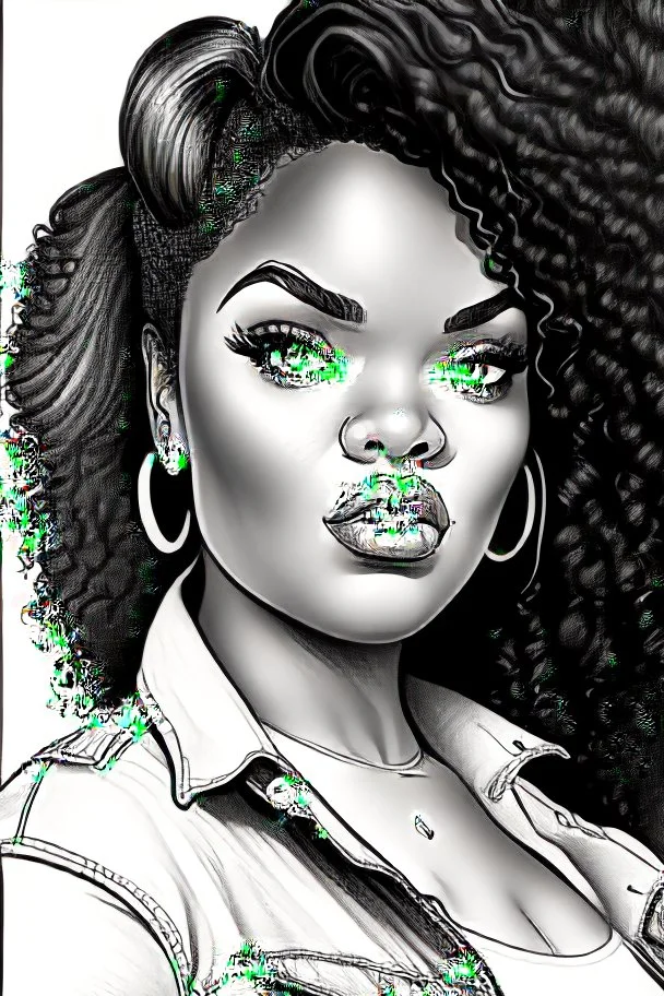 black curvy woman wearing jeans, eyes front camera coloring page, black and white