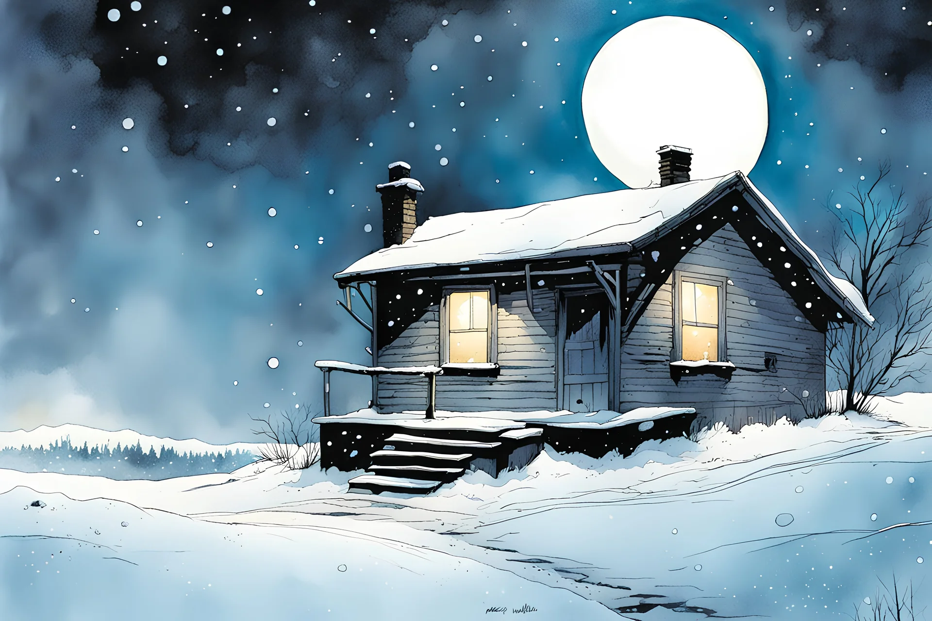 ice man ,snowflakes, A soft-focus image of stary night sky casting a warm glow, snowy countryside at night, create in inkwash and watercolor, in the comic book art style of Mike Mignola, Bill Sienkiewicz and Jean Giraud Moebius, highly detailed, gritty textures,