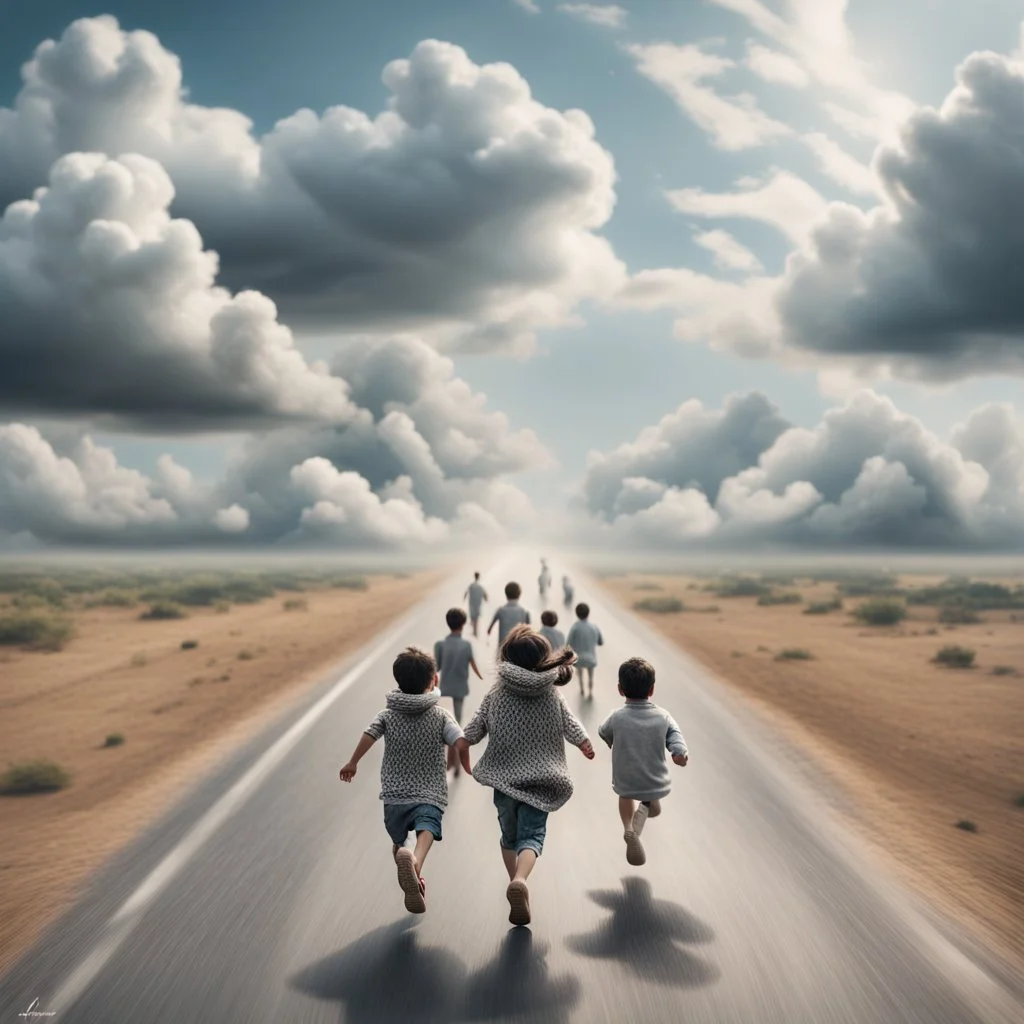 Hyper Realistic Aerial Back View Of Lots Of Children (Male Female Both Children Wearing Keffiyeh) Happily Running On Cloudy Road Towards Heaven On Sky With White Clouds Around ThemAt Cloudy-Day Environment Showing Dramatic & Cinematic Ambiance.