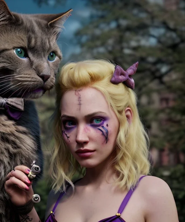 Ultra realistic afternoon photo, happy couple, blonde Alice woman and purple cat smoking a pipe, circus blue dress style, black headband with bow, old school body tattoo, smoke, marihuana garden, glow eyes, perfect iris, soft color, highly detailed, unreal engine 5, ray tracing, RTX, lumen lighting, ultra detail, volumetric lighting, high definition.