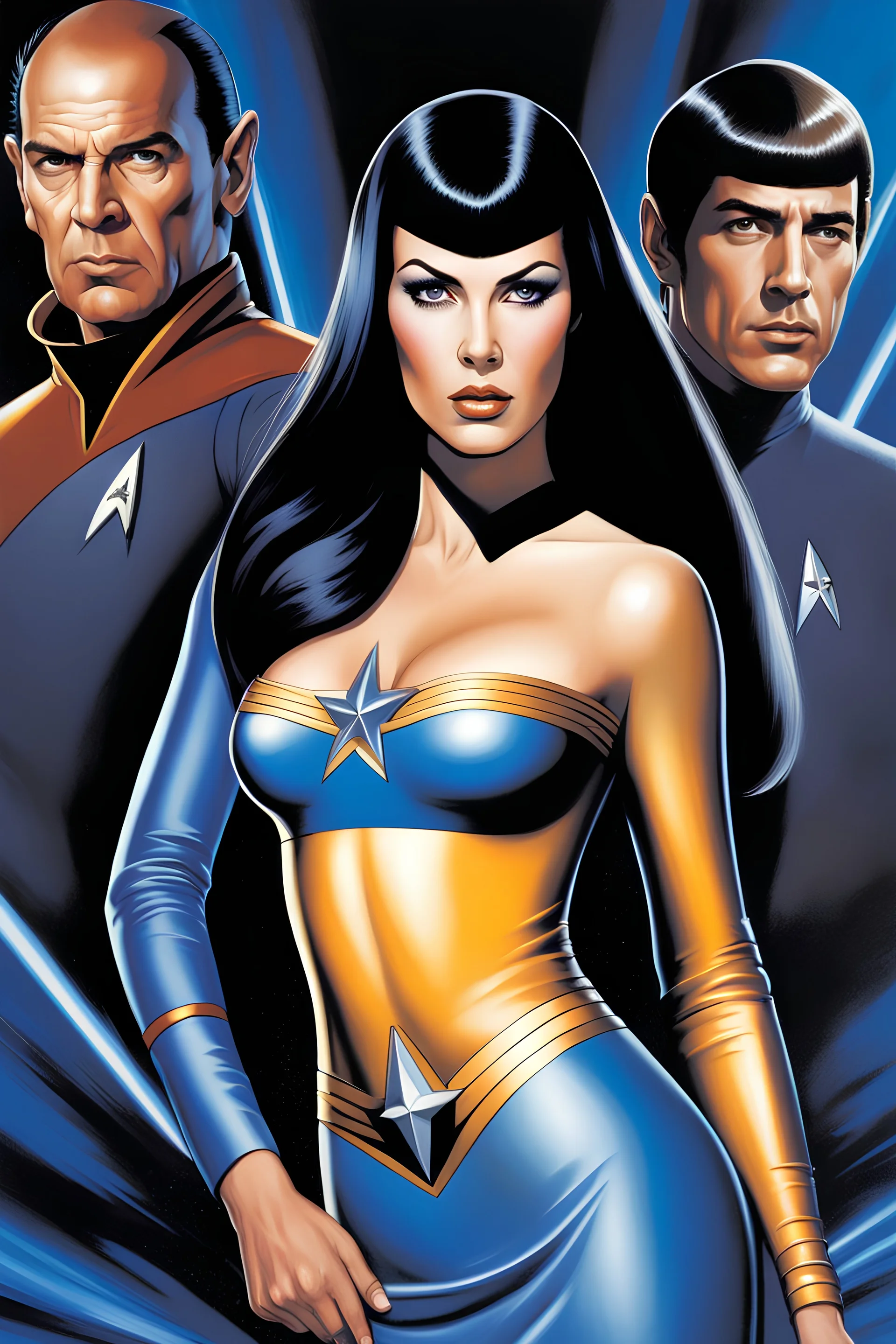 30-year-old Wendy Wendison, who resembles Spock, with long, straight black hair, deep cobalt blue eyes, wearing a long-sleeved, blue, slit, mini dress with a plunging neckline and a star trek upside down V-shaped communicator badge on the left side of the chest - in the art style of Boris Vallejo, Frank Frazetta, Julie bell, Caravaggio, Rembrandt, Michelangelo, Picasso, Gilbert Stuart, Gerald Brom, Thomas Kinkade, Neal Adams, Jim Lee, Sanjulian, Thomas Kinkade, Jim Lee, Alex Ross,