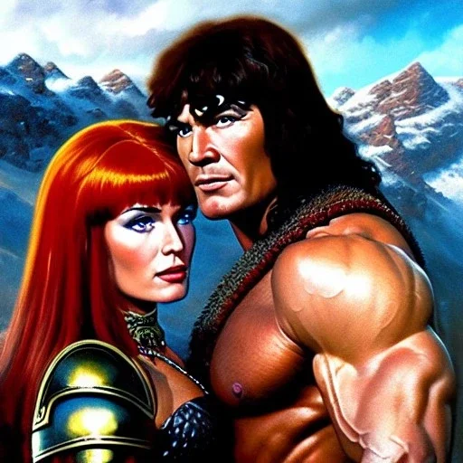 portrait of 'Conan and Red sonja',snow,mountains,horned helmet,ancient armor,painting by Earl Norem, simon Bisley,frazetta evan lee, Vallejo,kelly oil on canvas, cinematic composition, extreme detail,fit full head inside picture,8k