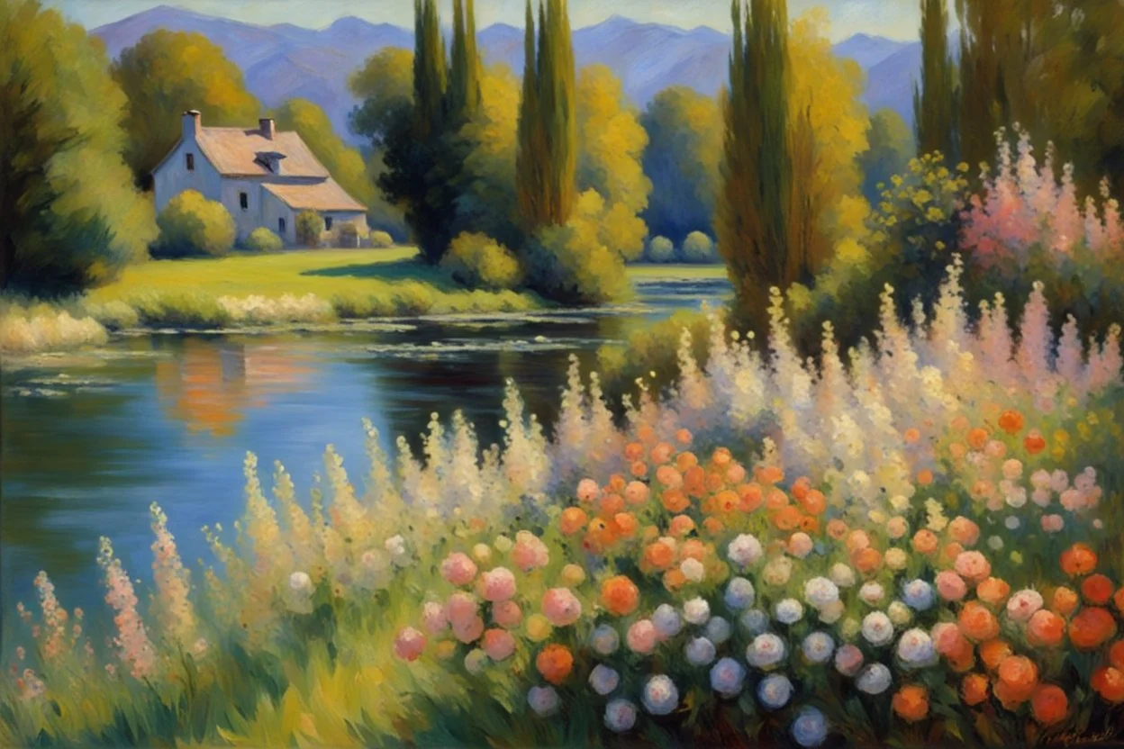 Sunny day, mountains, river, distant house, flowers, trees, claude monet and friedrich eckenfelder impressionism paintings