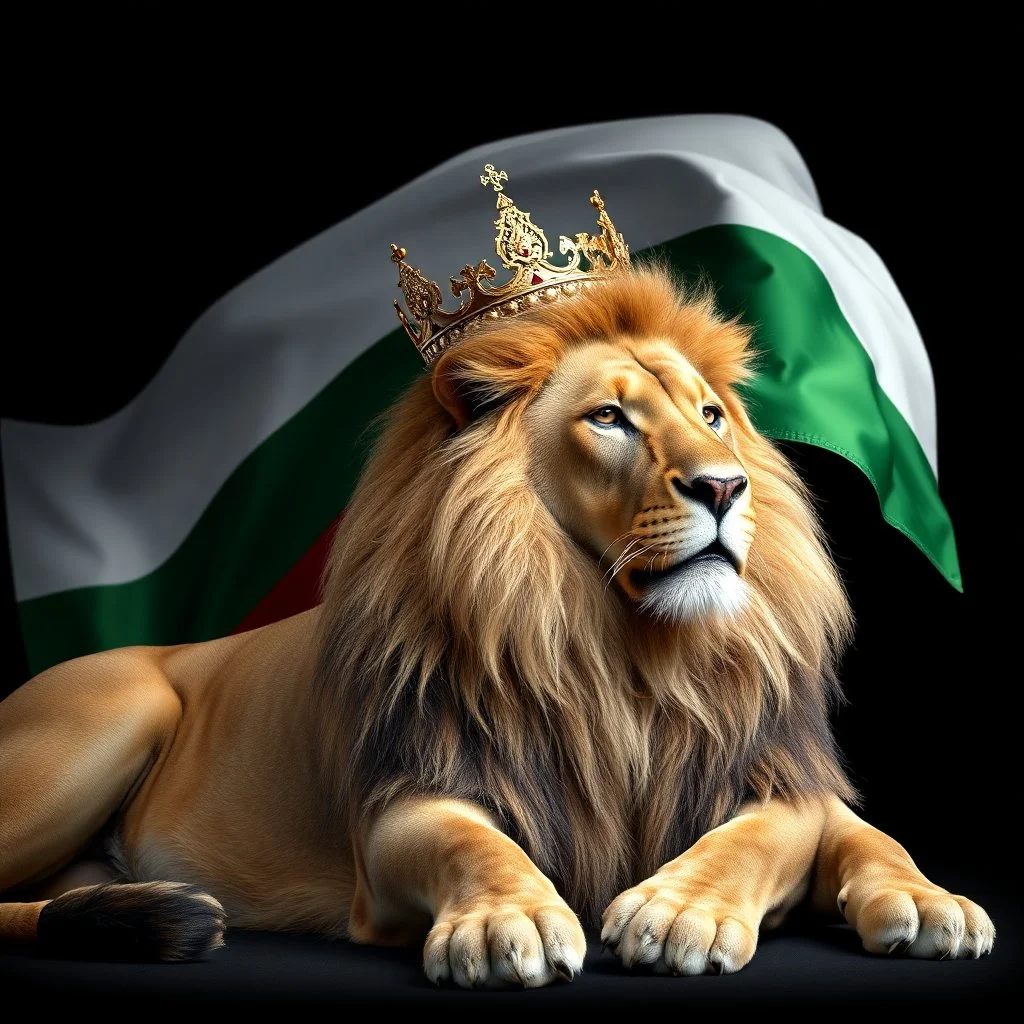 Create A hyper-realistic highly detailed, image of a majestic lion lying down, wearing a royal crown. The lion's fur should be rich and textured, with a regal and powerful presence. Behind the lion, the big flag of the Republic of Bulgaria(white, green,red) waves gracefully, its white, green, and red colors vivid and well-defined. The background should be an elegant, deep black, creating a striking contrast that enhances the grandeur of the lion and the flag. The lighting should be drama