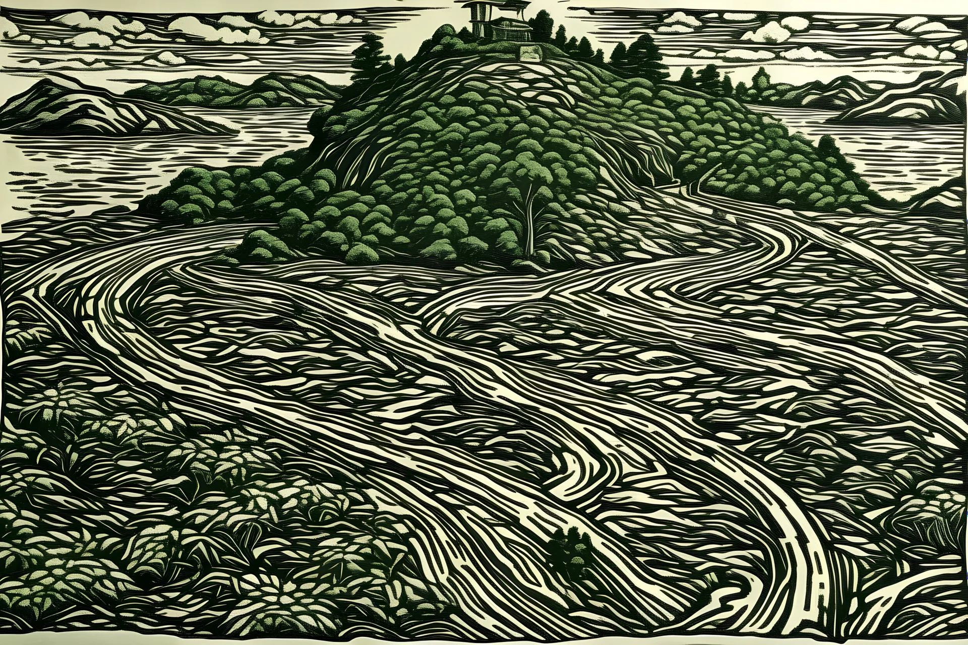 A small island which is getting entangled in a highway in the style of linoleum print