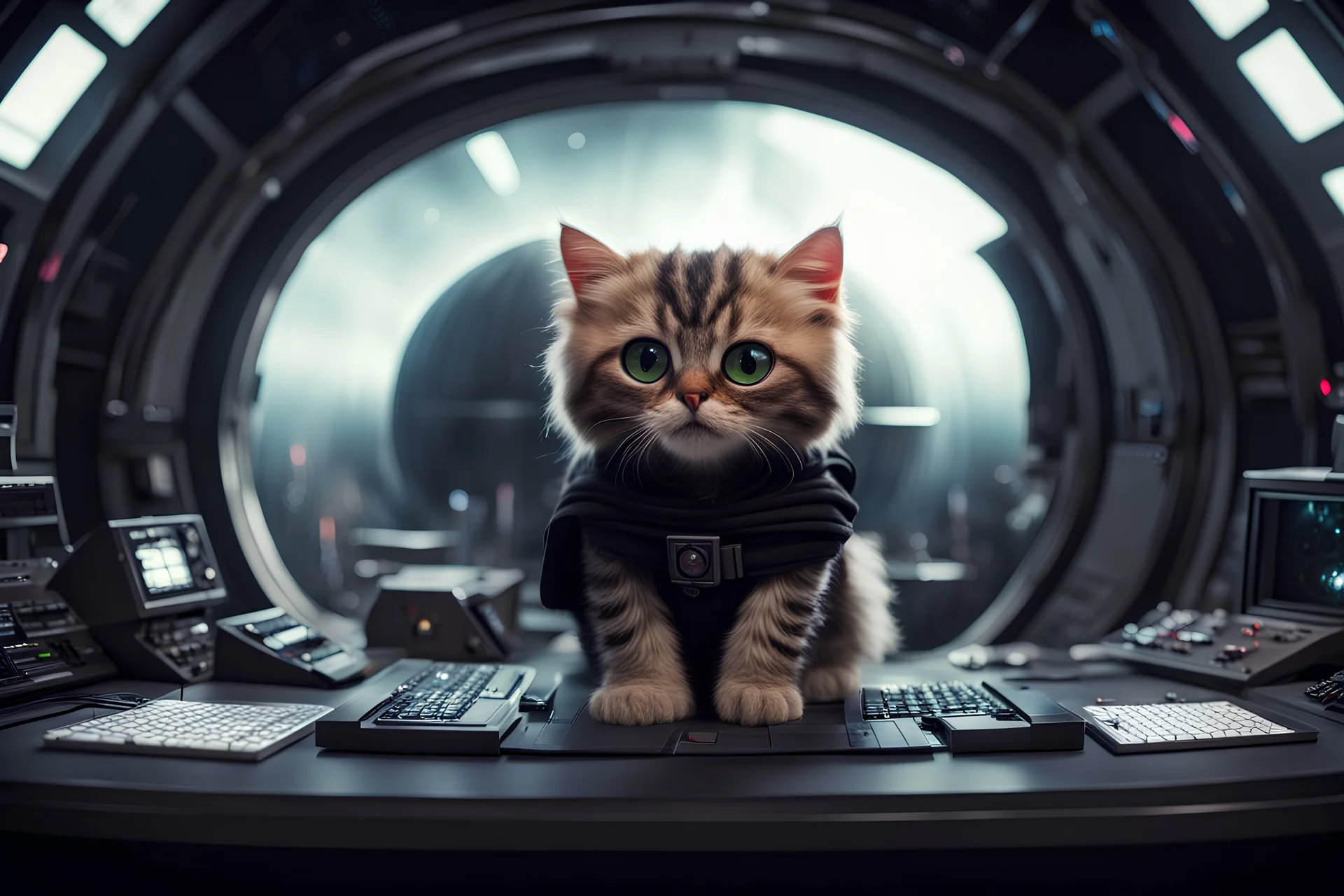 fluffy big eyed kitty sith lord in the command centre in seconf death star with view to endor planet, cinematic eye view