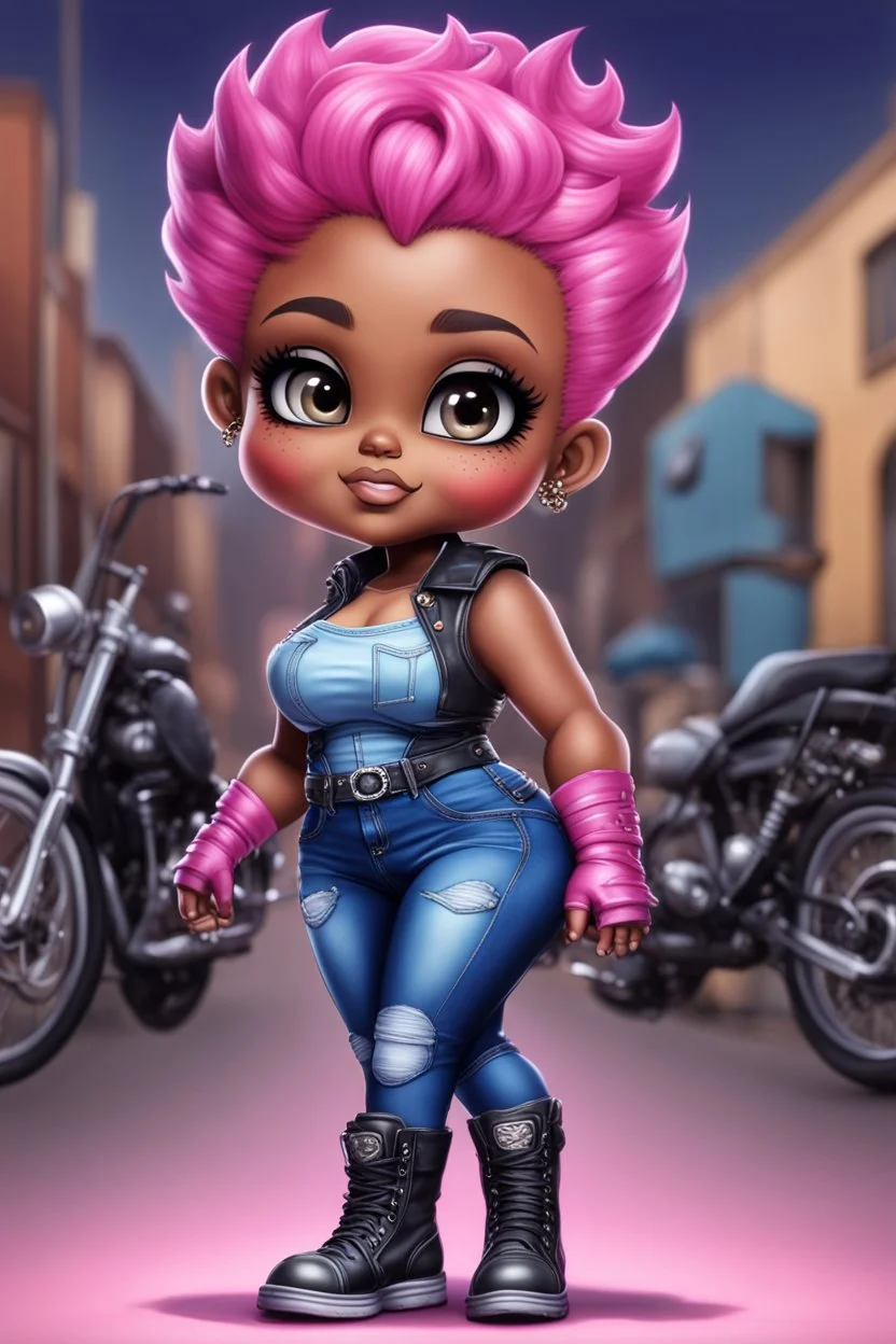 create an airbrush illustration of a chibi cartoon voluptuous black female wearing a blue jean outfit with biker boots. Prominent make up with hazel eyes. Extremely highly detail of a very low pink pixie haircut. Background of a bike show.