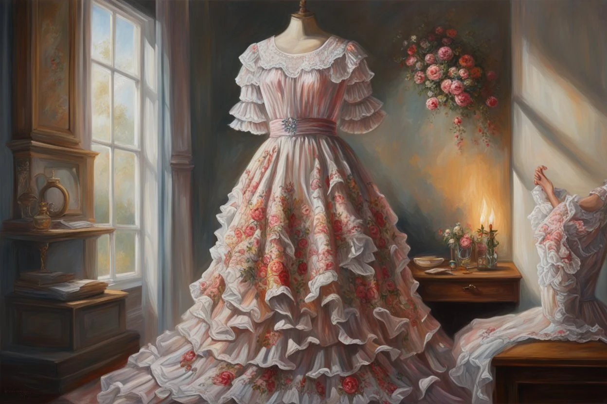 A beautiful romantic ruffled dress, decorated with beautiful embroidered flowers and lace, hanging on a hanger in a bedroom by the fireplace, in the light of the fireplace, Hyper realistic, oil on canvas award winning fantastic view ultra detailed acrylic art Ultra realistic Impressionism Surrealism simen johan, sharp focus intricate oil on canvas cinematic lighting photorealistic high detail ultra detailed crisp quality colourful, ethereal, cinematic postprocessing, bokeh, dof in sunshine