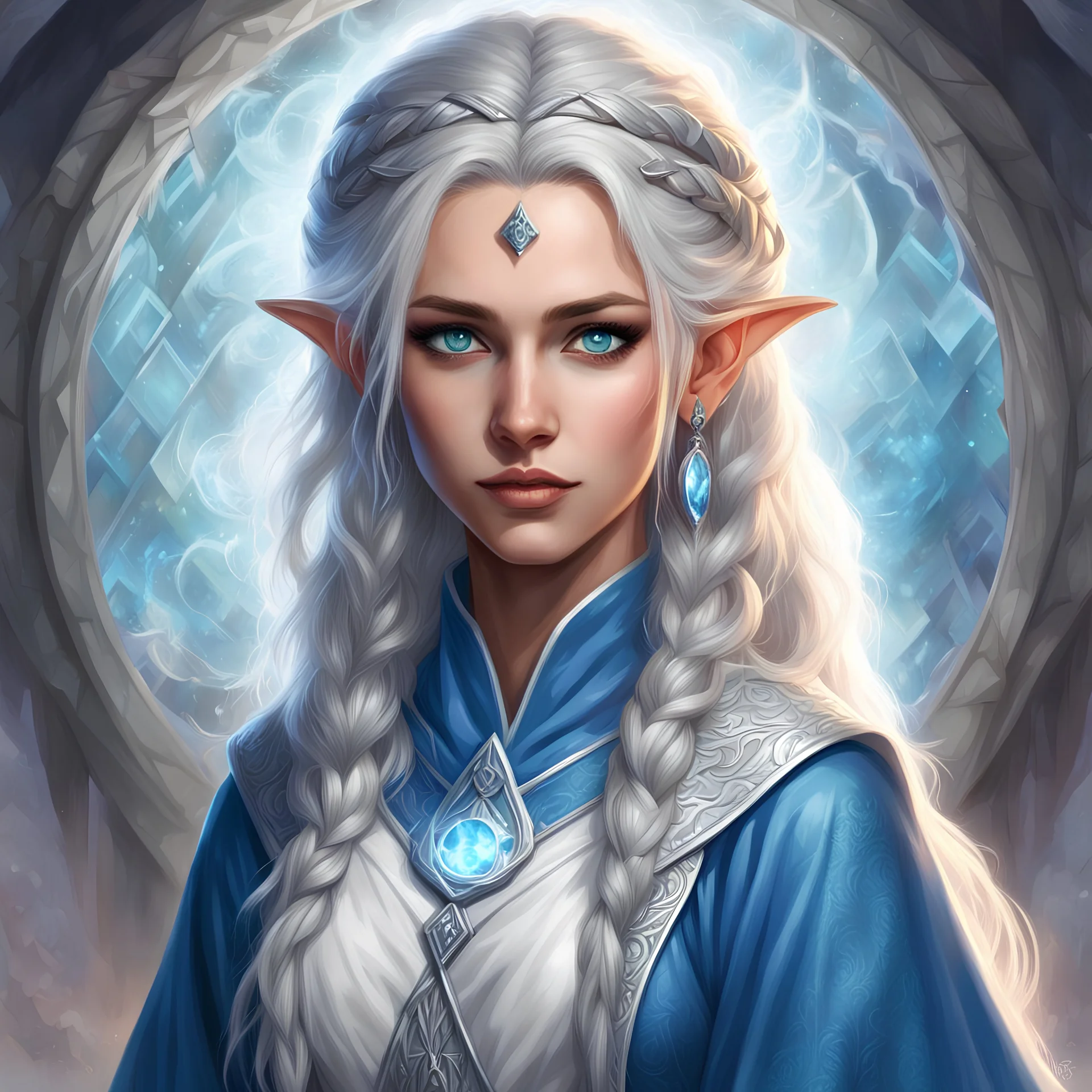 dungeons & dragons; digital art; portrait; female; sorceress; silver eyes; silver hair; braided hair; young woman; greek style robes; long veil; soft clothes; silver and blue robes; dragon scales; mage robes; half-elf; teenager; circle halo background; no jewelry; young; pretty