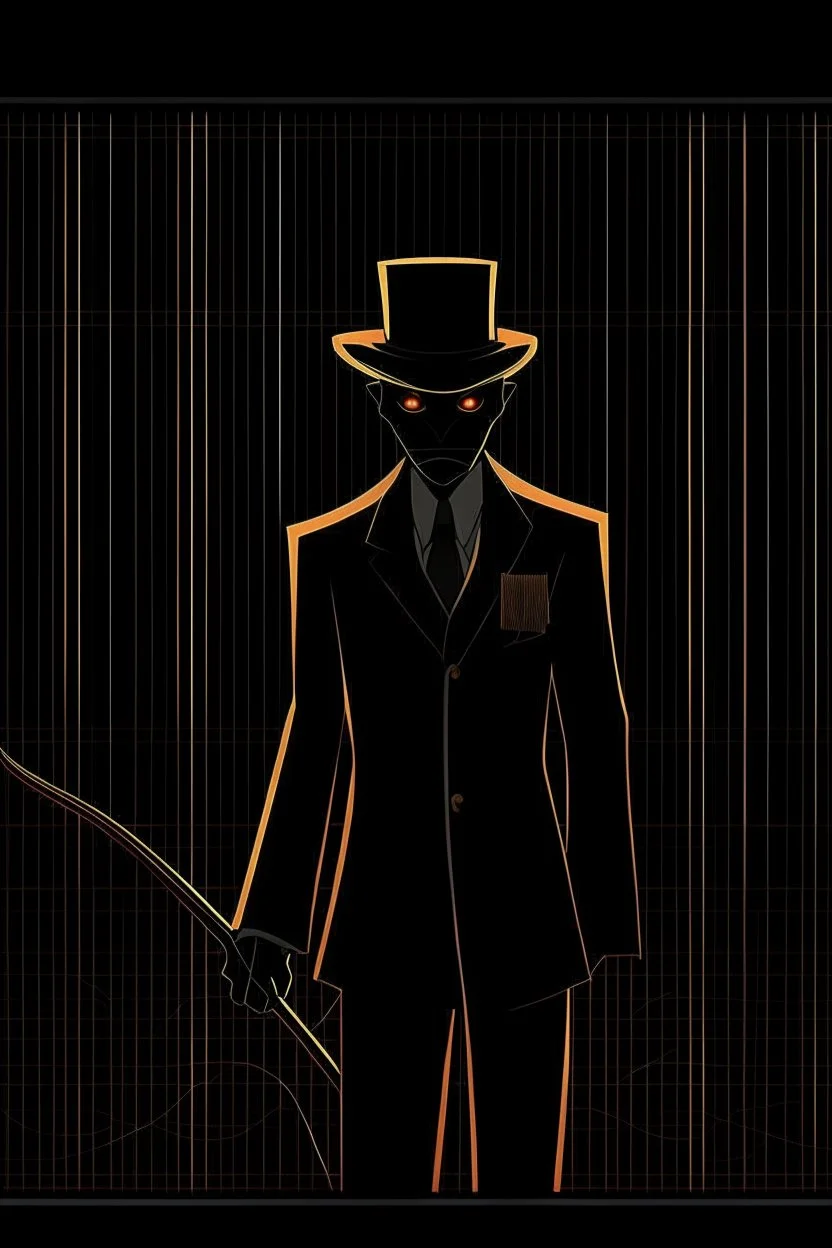 A shadow man standing behind the movie theater, his face is black, with light red eyes and sharp teeth, he is wearing a formal suit and a black hat, and he is holding a golden cane.