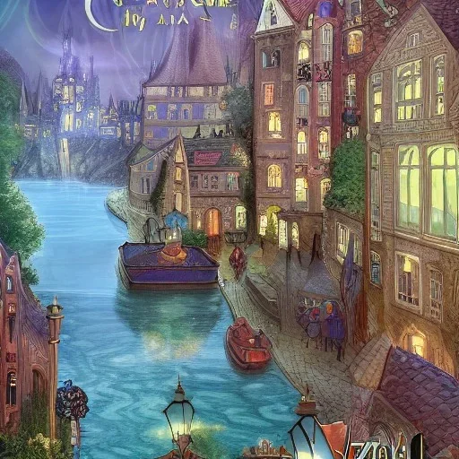 A magical canal city of wizards, witches and warlocks with a castle erin stead style