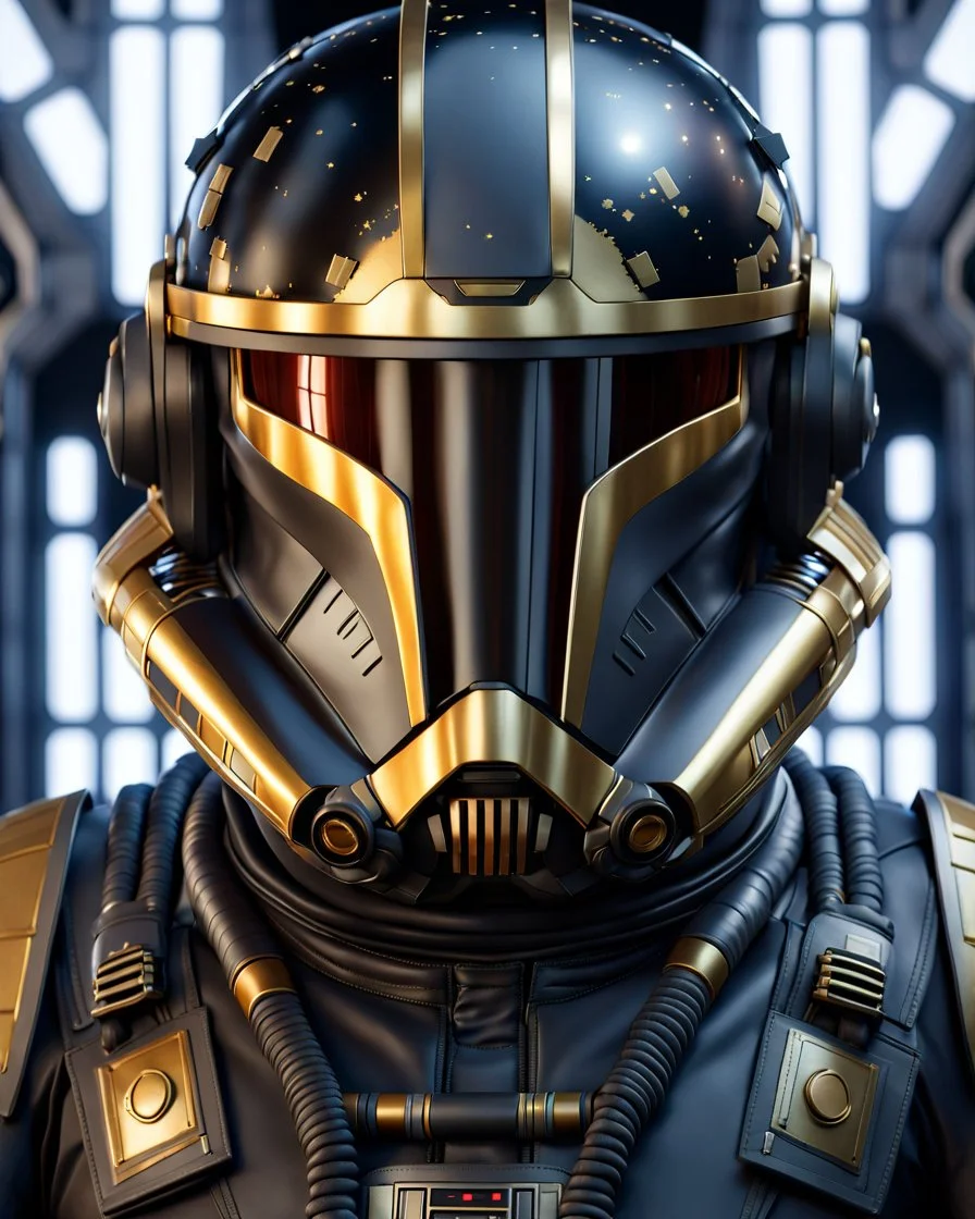 star wars bald male corellian pilot wearing dark gunmetal grey and black First Order special forces TIE pilot armored flightsuit and helmet with gold trim inside the jedi temple, centered head and shoulders portrait, hyperdetailed, dynamic lighting, hyperdetailed background, 8k resolution, volumetric lighting, light skin, fully symmetric details