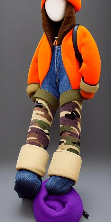 Brunette she.thick thighs,thick calves,normal bodytype. big head. Mantle is sewed of upcycled Denim and sewed together of camouflage pieces. Pieces' color are orange, cream and purple. It is with big bright purple felt tippet and cream-colored-hood. mantle is merged with satchel, ochre. Big AKG-style headphones (gold rings!) is merged with small felt cap with small visor. Style: Haute Couture in 1920's, N.Y.C fashion in 1996, inspired by street art. Cream latex gaiter. Tennis shoes!