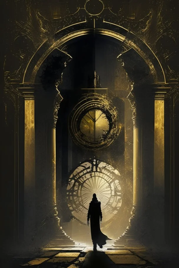 A person, a palace, a time gate, a ghost, dark black and golden colour