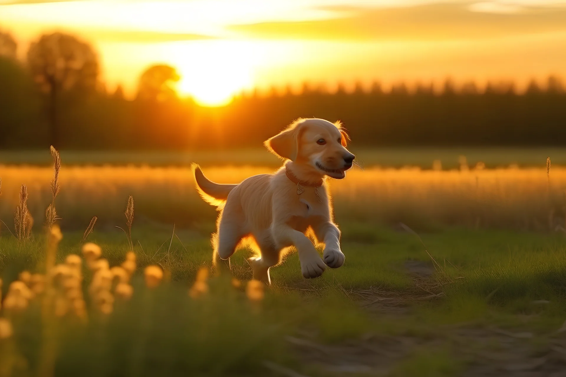 a puppy playing fetch in the field at sunset