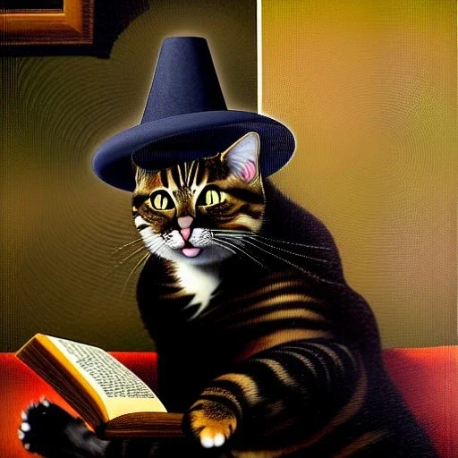 oil portrait of a cat with hat reading a book in a living room with fireplace and smoking a pipe by Diego Velázquez 8k