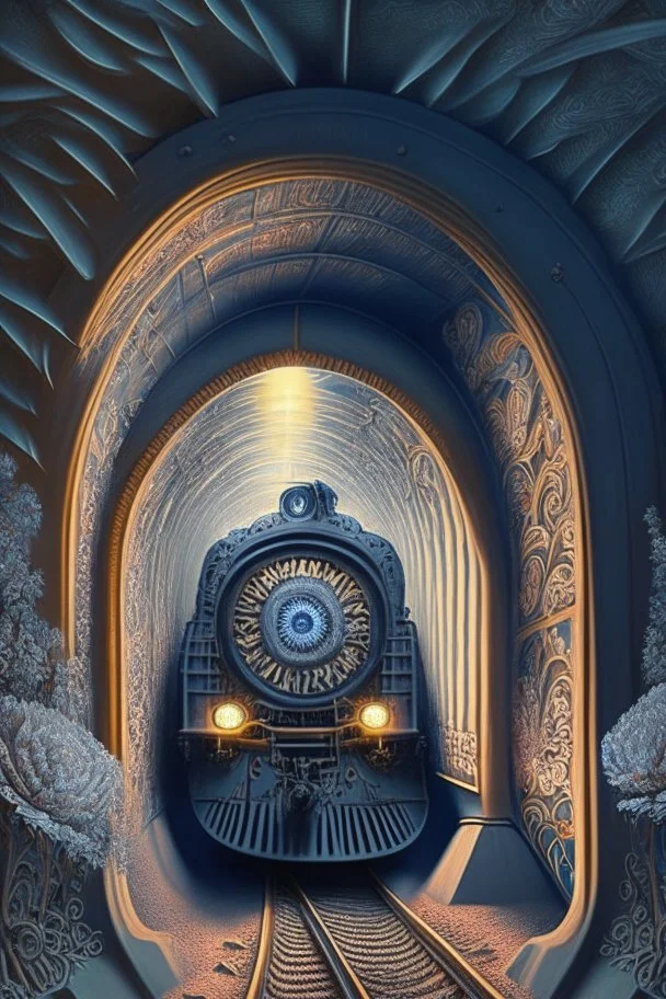 Then it comes to be that the soothing light at the end of your tunnel Was just a freight train coming your way; intricately detailed surreal optical art, award-winning,