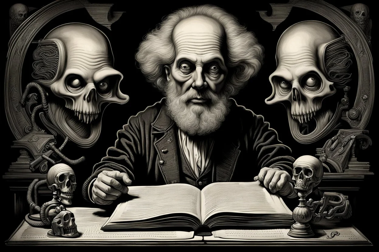 "Examiner" professor of halloween propaganda poster in the style of Rembrandt, Giger and Escher